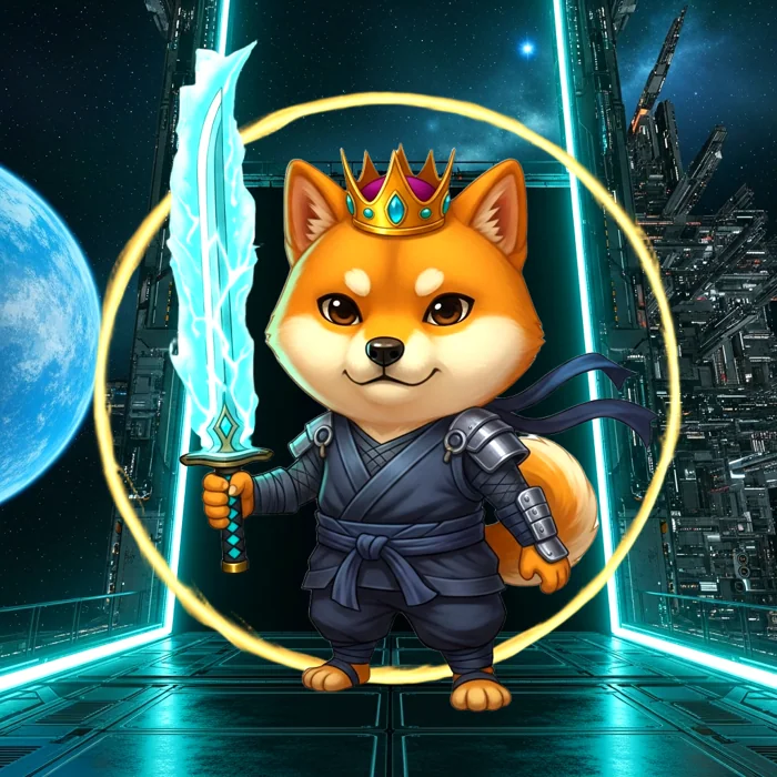 DOGEVerse NFT example: legendary crowned dog warrior with a luminous sword