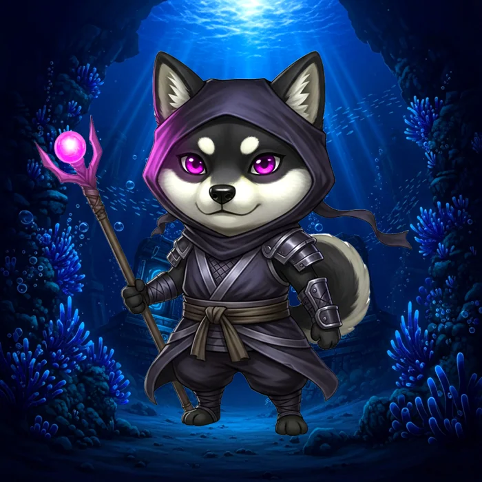 DOGEVerse rare NFT example number 1403, a dark-robed mage dog