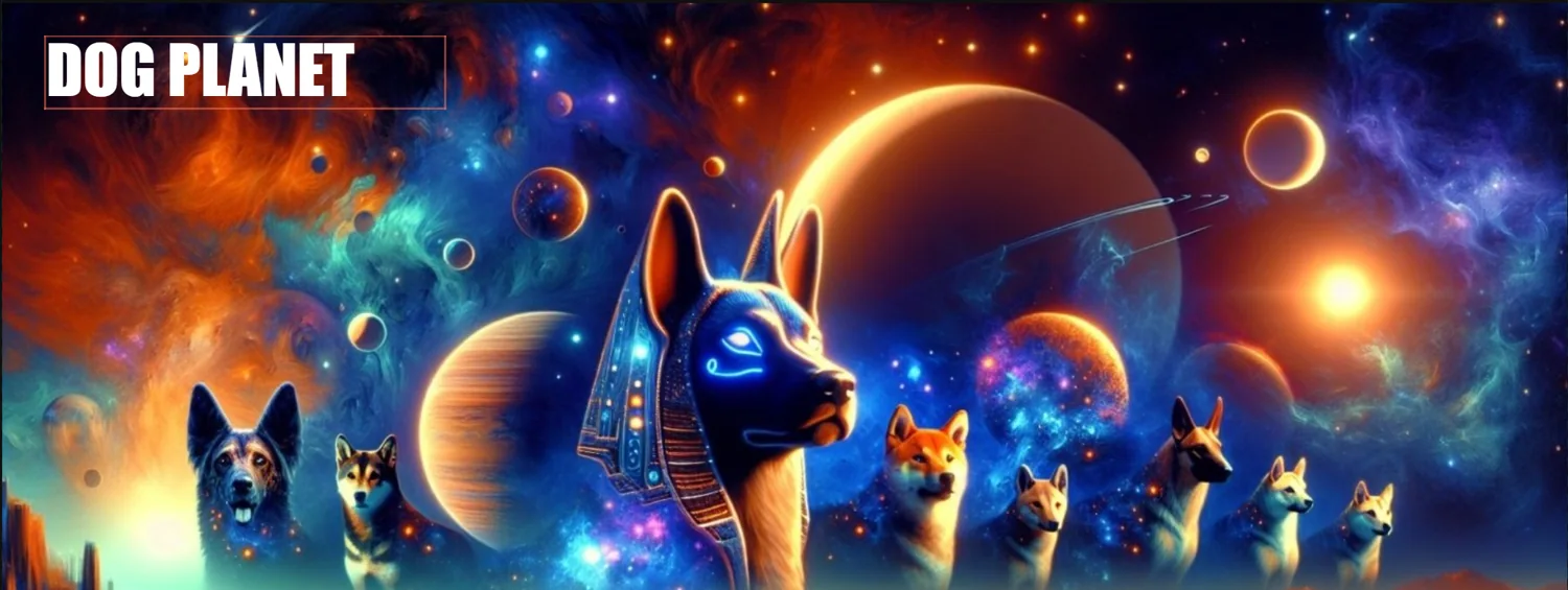 A luminous Dog Planet skyline surrounded by planets and cosmic light